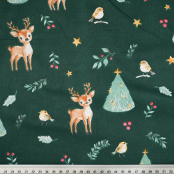 100% Baumwolle Weihnachtsmuster mit Rehen und Tannenbäumen auf grünem Hintergrund