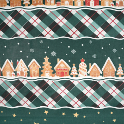 100% Baumwolle Weihnachtsmuster Lebkuchenhäuser auf grünem Hintergrund gestreift
