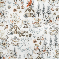 100% Baumwolle mit Weihnachtsmuster Vögel, Mäuse und Pinguine grau-beige