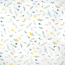 100% Baumwolle mit bunten Blumen auf Salbeizweigen auf weißem Hintergrund