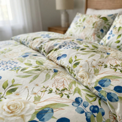 100% Baumwolle Blumen und Eukalyptus blau-grün auf weißem Hintergrund