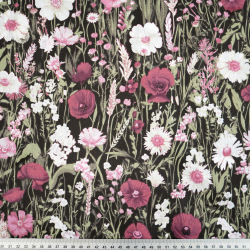 100% Baumwolle Mohnblumen auf bordeauxfarbenem Hintergrund auf schwarzem Grund