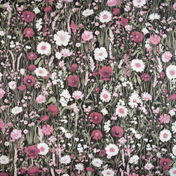 100% Baumwolle Mohnblumen auf bordeauxfarbenem Hintergrund auf schwarzem Grund