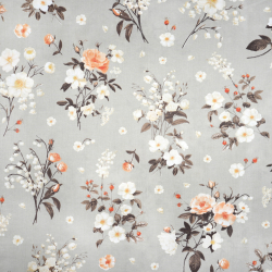 100% Baumwolle mit Maiglöckchen und Wildrose auf grauem Hintergrund