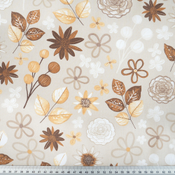 100% Baumwolle Blumen und Blätter braun auf beigem Hintergrund