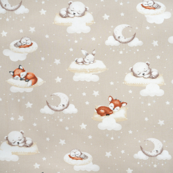 100% Baumwolle schlafende Tiere auf Kissen auf beigem Hintergrund