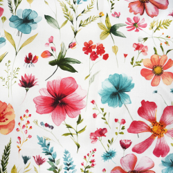 100% Baumwolle große Wiesenblumen rot-orange-türkis auf weißem Hintergrund