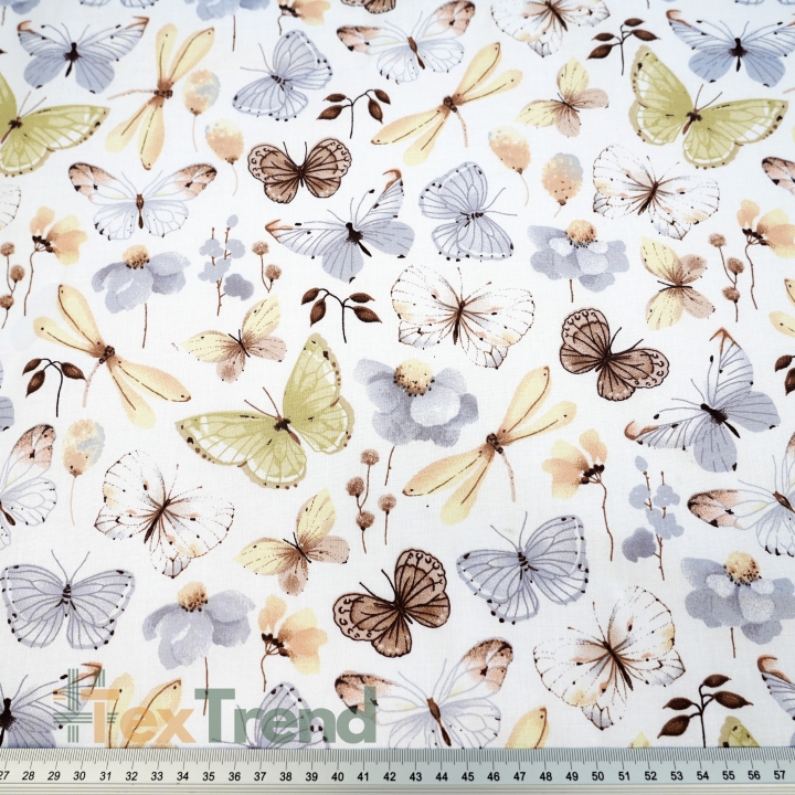 Baumwolle 100% Schmetterlinge und Libellen beige-grau  