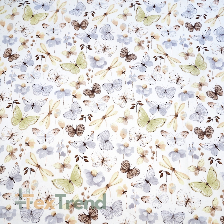 Baumwolle 100% Schmetterlinge und Libellen beige-grau  