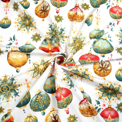 Baumwolle 100% Weihnachtsmuster mit Kugeln auf weißem Hintergrund