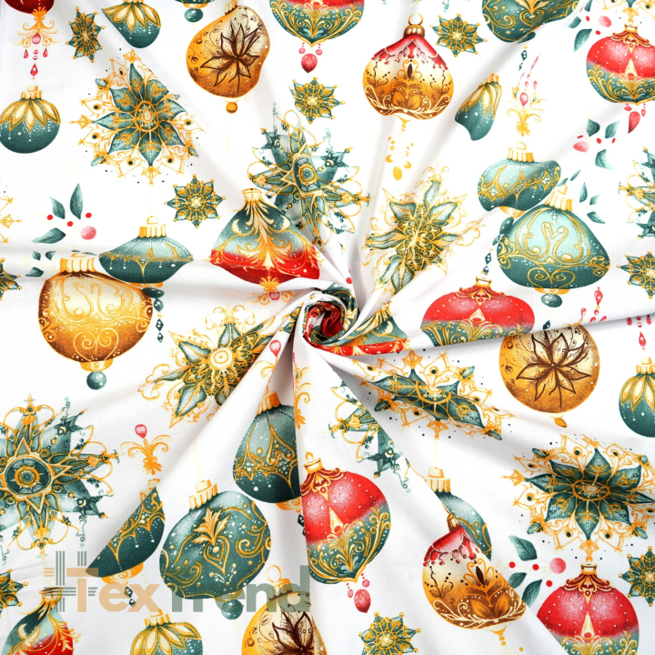 Baumwolle 100% Weihnachtsmuster mit Kugeln auf weißem Hintergrund
