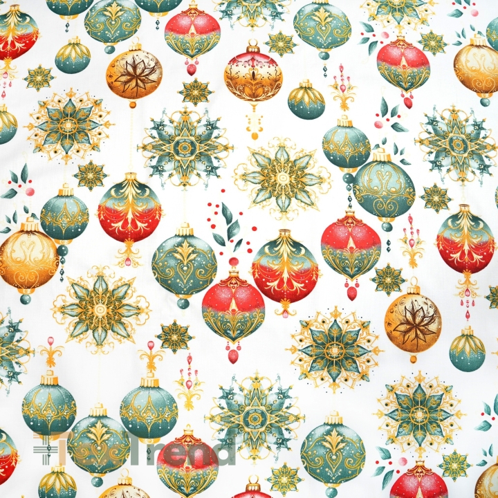 Baumwolle 100% Weihnachtsmuster mit Kugeln auf weißem Hintergrund