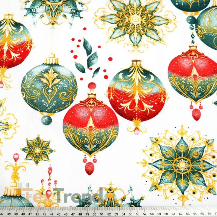 Baumwolle 100% Weihnachtsmuster mit Kugeln auf weißem Hintergrund