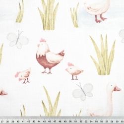 100% Baumwolle Vögel Hühner und Gänse auf weißem Hintergrund  