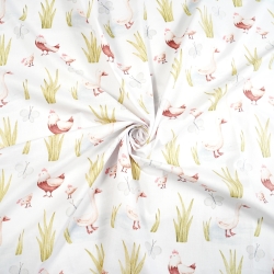 100% Baumwolle Vögel Hühner und Gänse auf weißem Hintergrund  