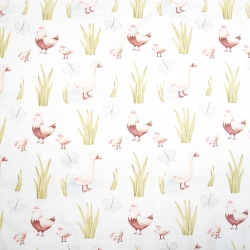 100% Baumwolle Vögel Hühner und Gänse auf weißem Hintergrund  