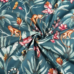 Baumwolle 100% Dschungeltiere auf Jeanshintergrund  