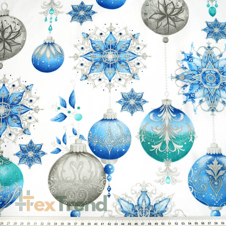 Baumwolle 100% Weihnachtsmuster blaue Kugeln auf weißem Hintergrund  