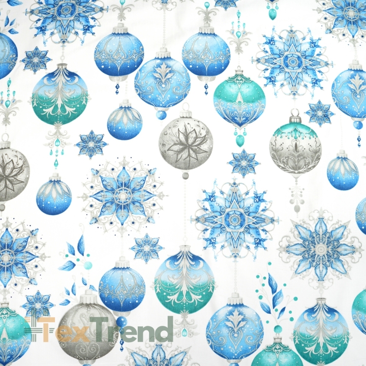 Baumwolle 100% Weihnachtsmuster blaue Kugeln auf weißem Hintergrund  