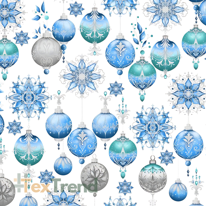 Baumwolle 100% Weihnachtsmuster blaue Kugeln auf weißem Hintergrund  
