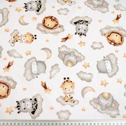 Baumwolle 100% afrikanische Tiere auf grauen Wolken auf weißem Hintergrund  