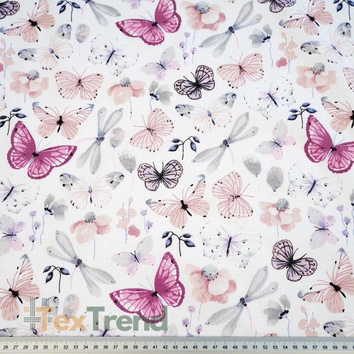 Baumwolle 100% Schmetterlinge und Libellen rosa-grau  