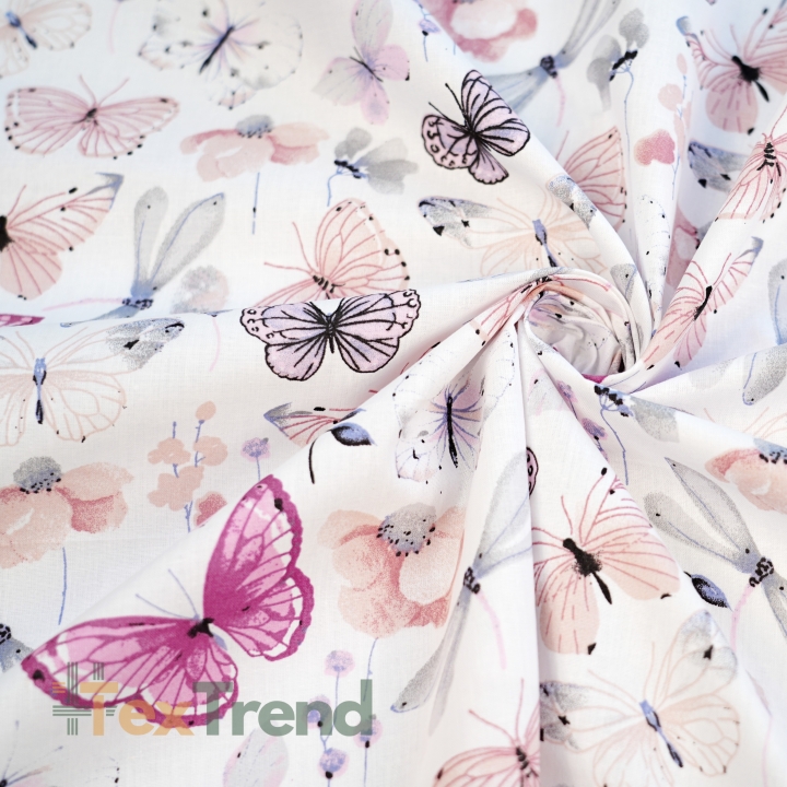 Baumwolle 100% Schmetterlinge und Libellen rosa-grau  