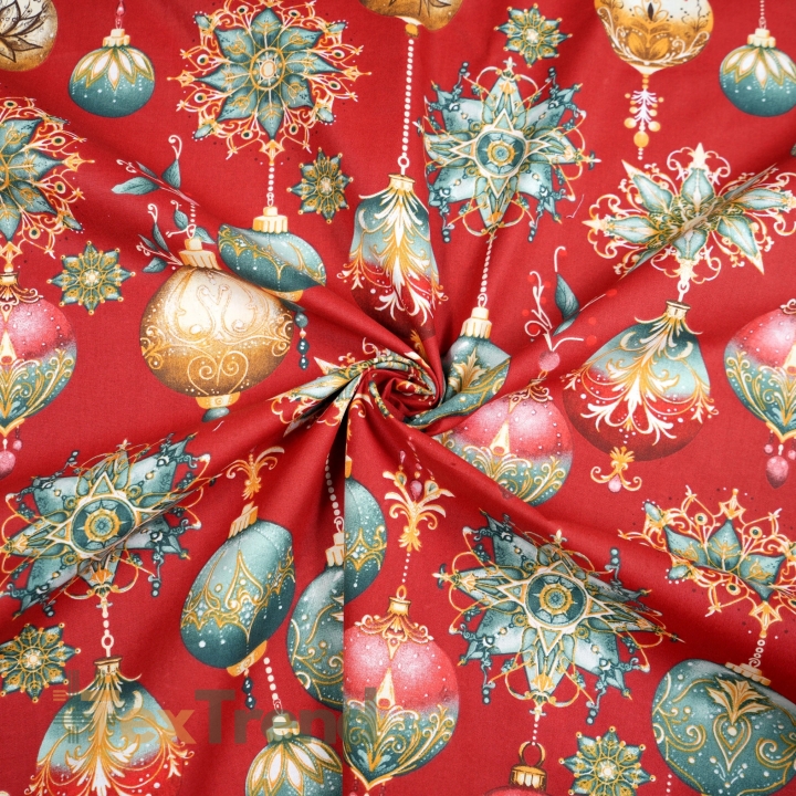 Baumwolle 100% Weihnachtsmuster Kugeln auf rotem Hintergrund  