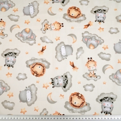 Baumwolle 100% afrikanische Tiere auf grauen Wolken auf ecrufarbenem Hintergrund  