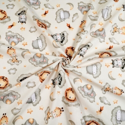 Baumwolle 100% afrikanische Tiere auf grauen Wolken auf ecrufarbenem Hintergrund  