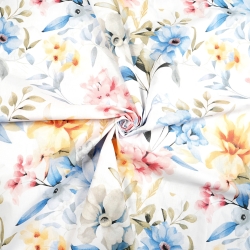 100% Baumwolle blau-gelb-rosa Blumen auf weißem Hintergrund - 220 cm  