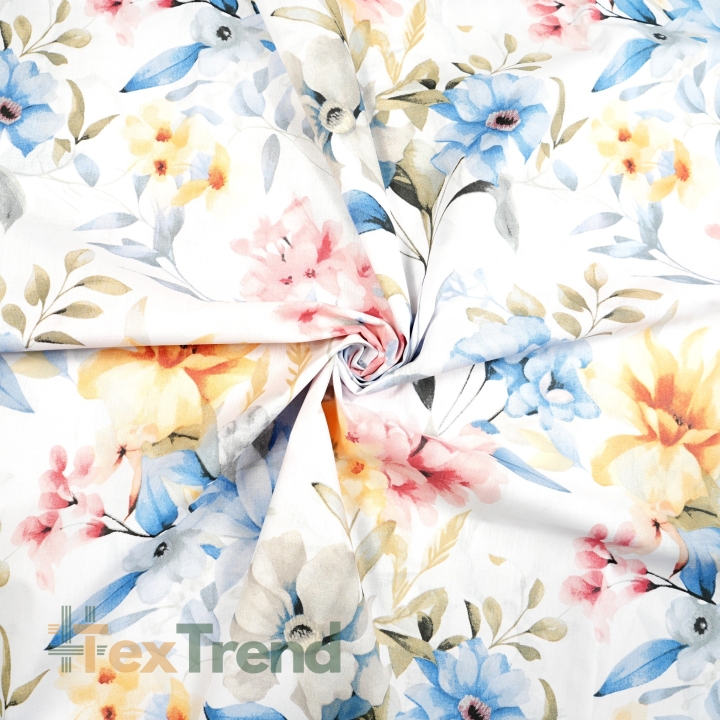 100% Baumwolle blau-gelb-rosa Blumen auf weißem Hintergrund - 220 cm  