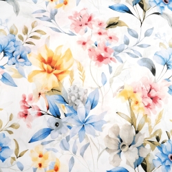 100% Baumwolle blau-gelb-rosa Blumen auf weißem Hintergrund - 220 cm  
