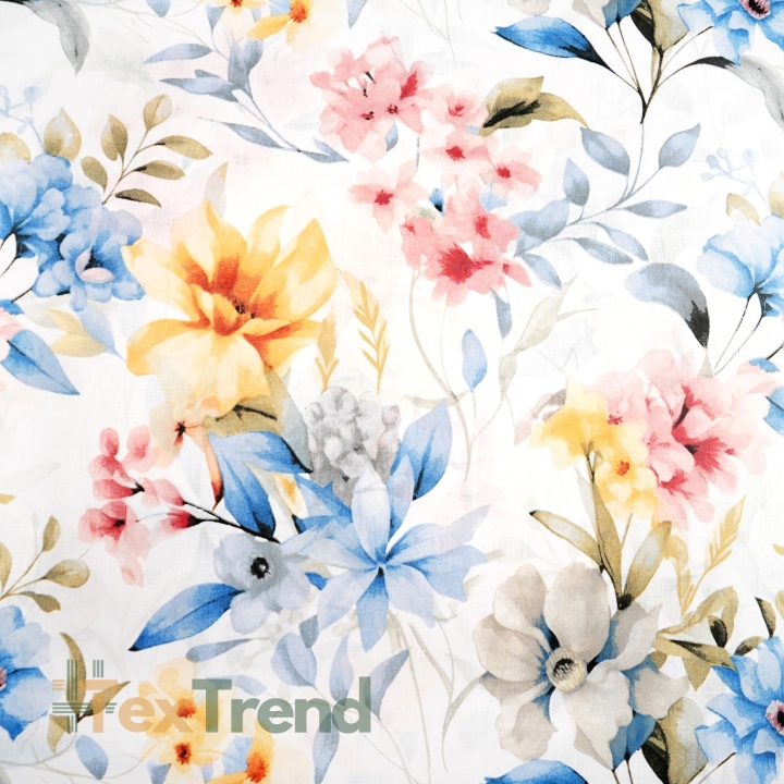 100% Baumwolle blau-gelb-rosa Blumen auf weißem Hintergrund - 220 cm  