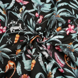 Baumwolle 100% Dschungeltiere auf schwarzem Hintergrund  