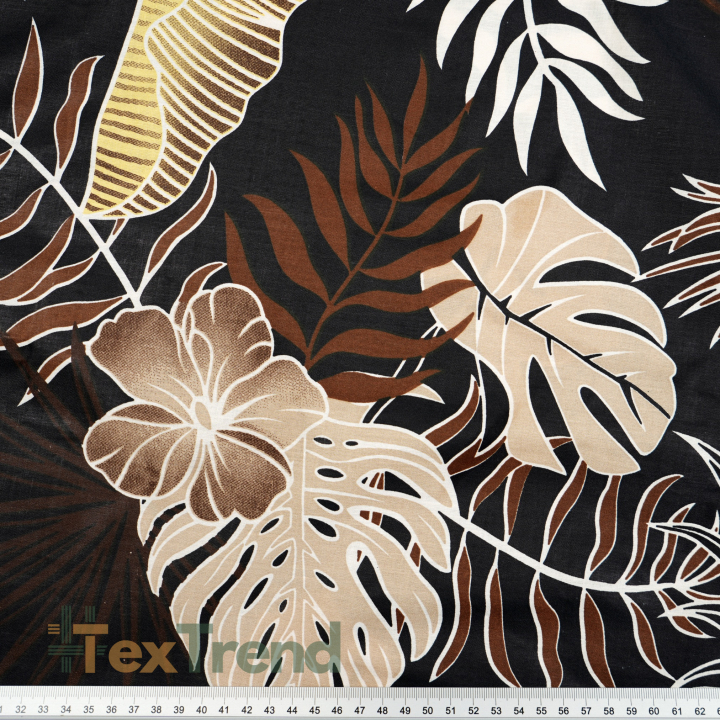 Baumwolle 100% Monstera- und Bananenblätter mit braunen Blumen auf schwarzem Hintergrund  