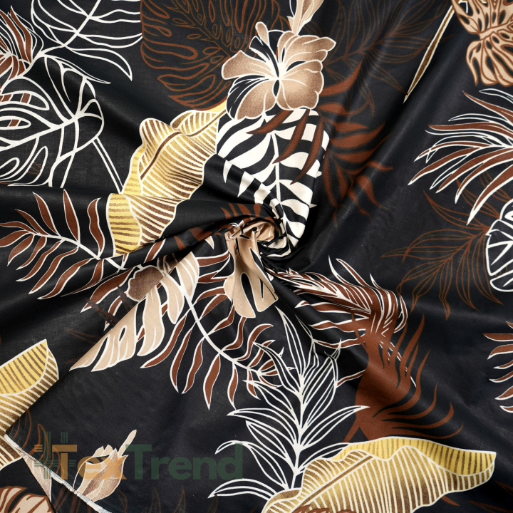 Baumwolle 100% Monstera- und Bananenblätter mit braunen Blumen auf schwarzem Hintergrund  