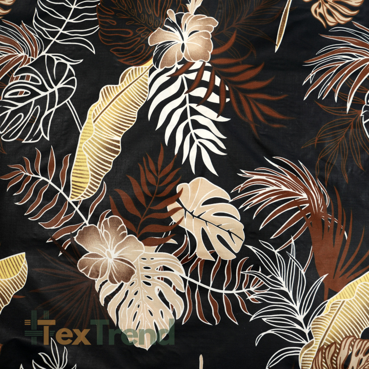 Baumwolle 100% Monstera- und Bananenblätter mit braunen Blumen auf schwarzem Hintergrund  