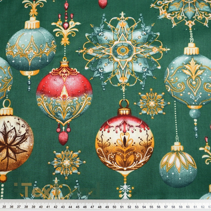 Baumwolle 100% Weihnachtsmuster Kugeln auf grünem Hintergrund  