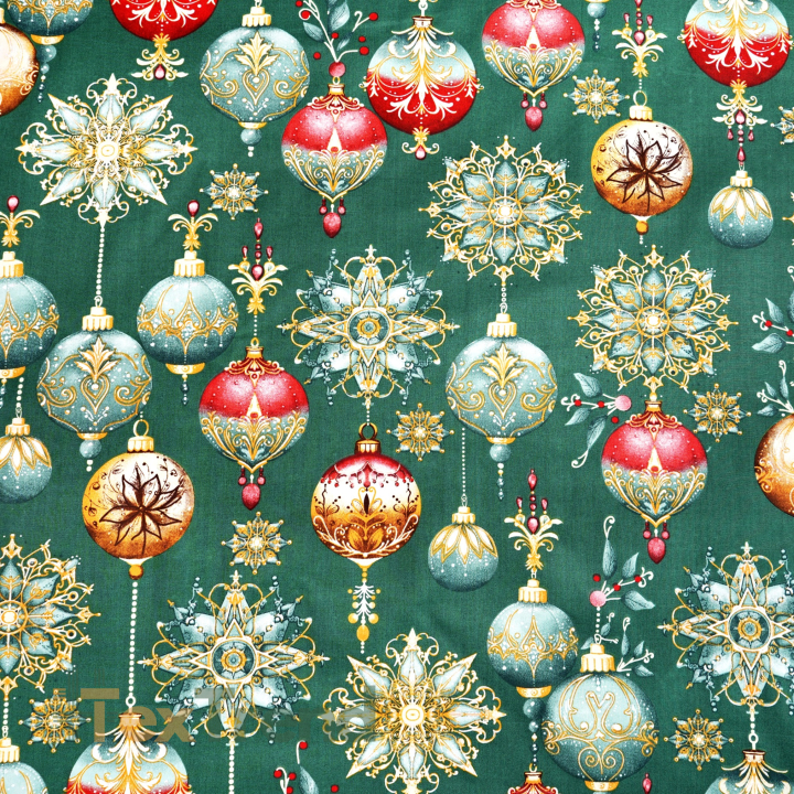 Baumwolle 100% Weihnachtsmuster Kugeln auf grünem Hintergrund  