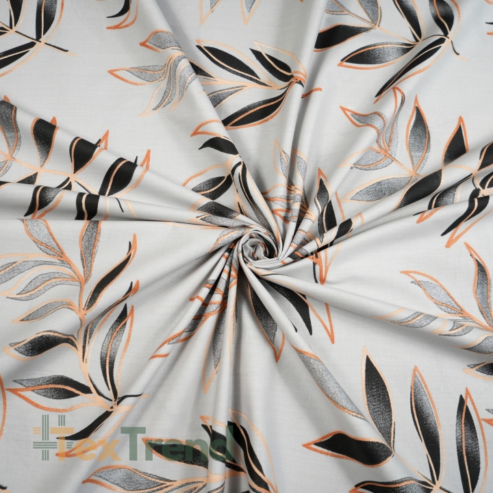 100% Baumwolle schwarz-goldene Blätter auf grauem Hintergrund - 220 cm  