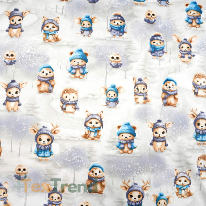 100% Baumwolle blau-navyfarbene Tiere im Winterwald  