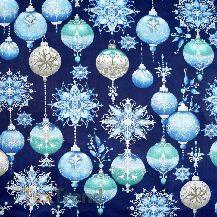 100% Baumwolle weihnachtliches Muster Christbaumkugeln auf navyfarbenem Hintergrund  