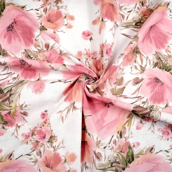 100% Baumwolle große rosa Mohnblumen auf weißem Hintergrund - 220 cm  