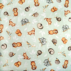 Baumwolle 100% australische Tiere auf pistaziengrünem Hintergrund  