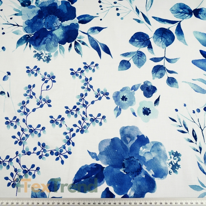 Baumwolle 100% große blaue Blumen auf weißem Hintergrund  