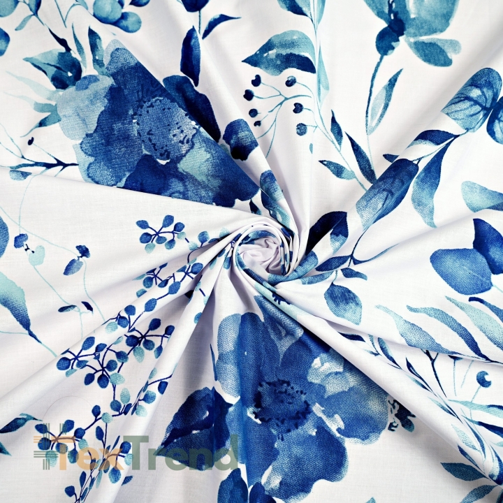 Baumwolle 100% große blaue Blumen auf weißem Hintergrund  