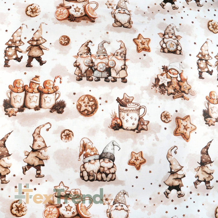Baumwolle 100% Weihnachtsmuster Wichtel mit Lebkuchen braun  