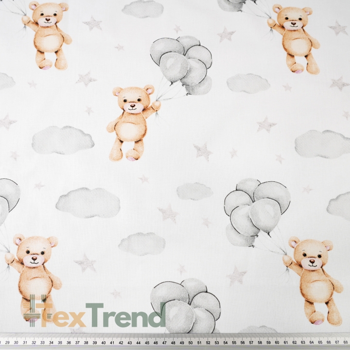 Baumwolle 100% Bären beige mit grauen Ballons auf weißem Hintergrund  