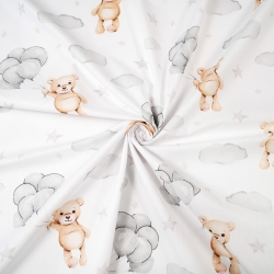 Baumwolle 100% Bären beige mit grauen Ballons auf weißem Hintergrund  